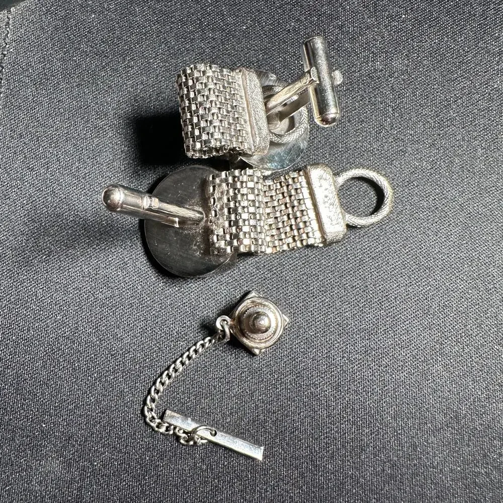 Vintage Cufflinks Tie Tac Set Blue Rhinestone Mesh Wrap Silver Tone retro